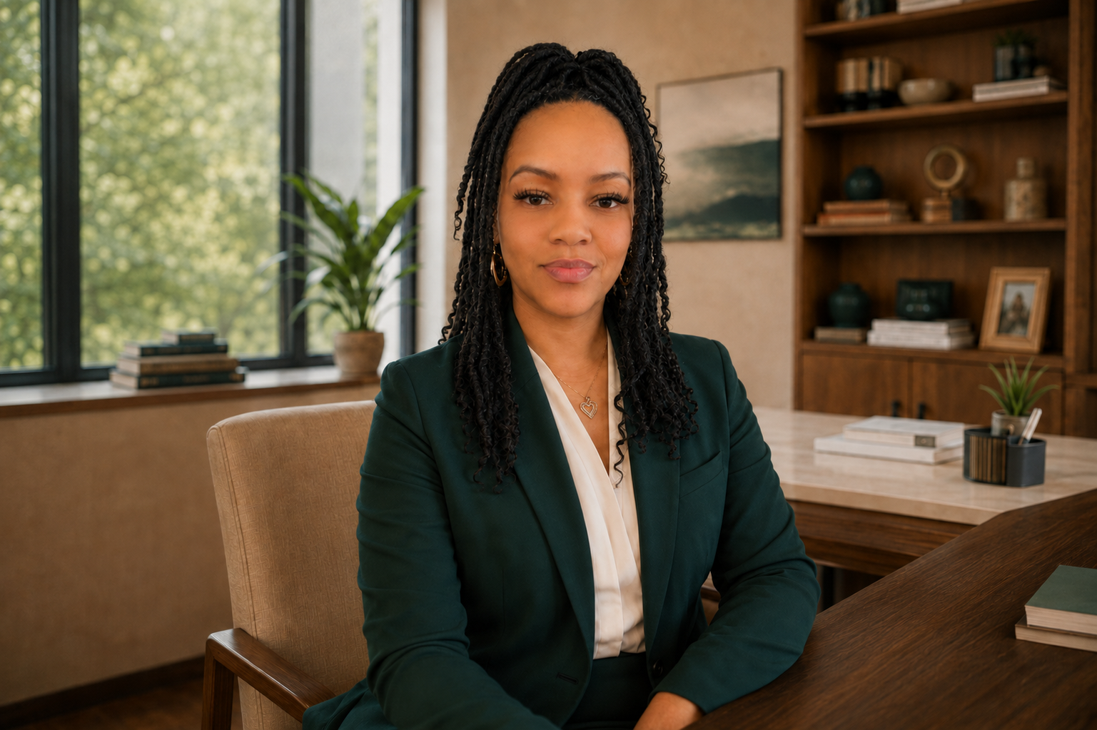 Andrea, founder of Steadryn Housing, seated in a professional office setting