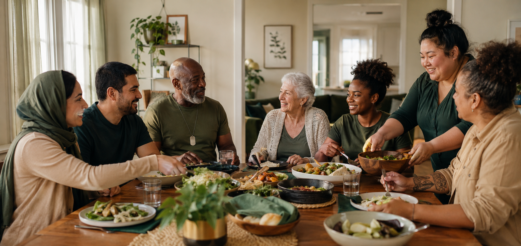 A diverse group of adults sharing a meal in a warm residential dining space