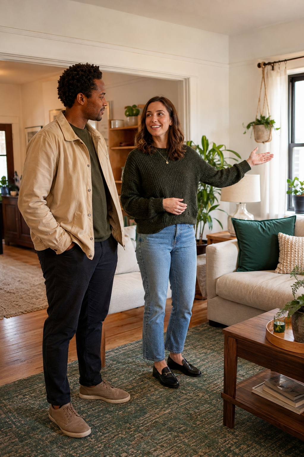 A housing coordinator showing a prospective tenant a warm furnished shared living space