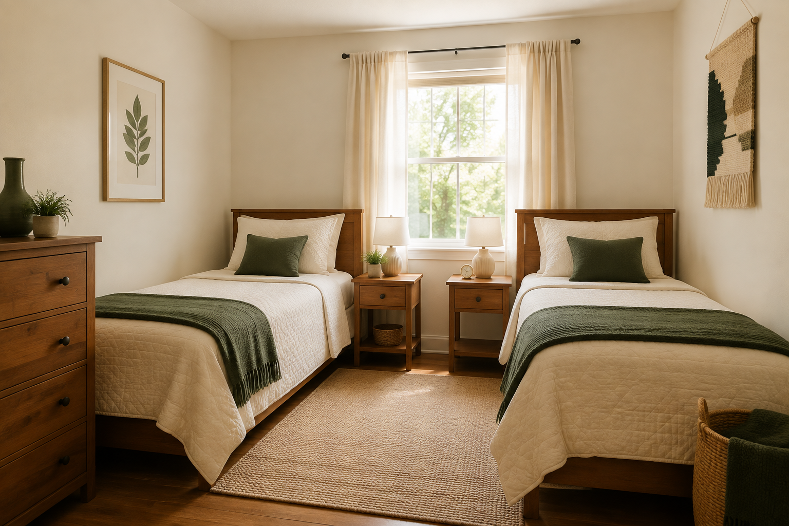 A clean furnished shared bedroom with two twin beds